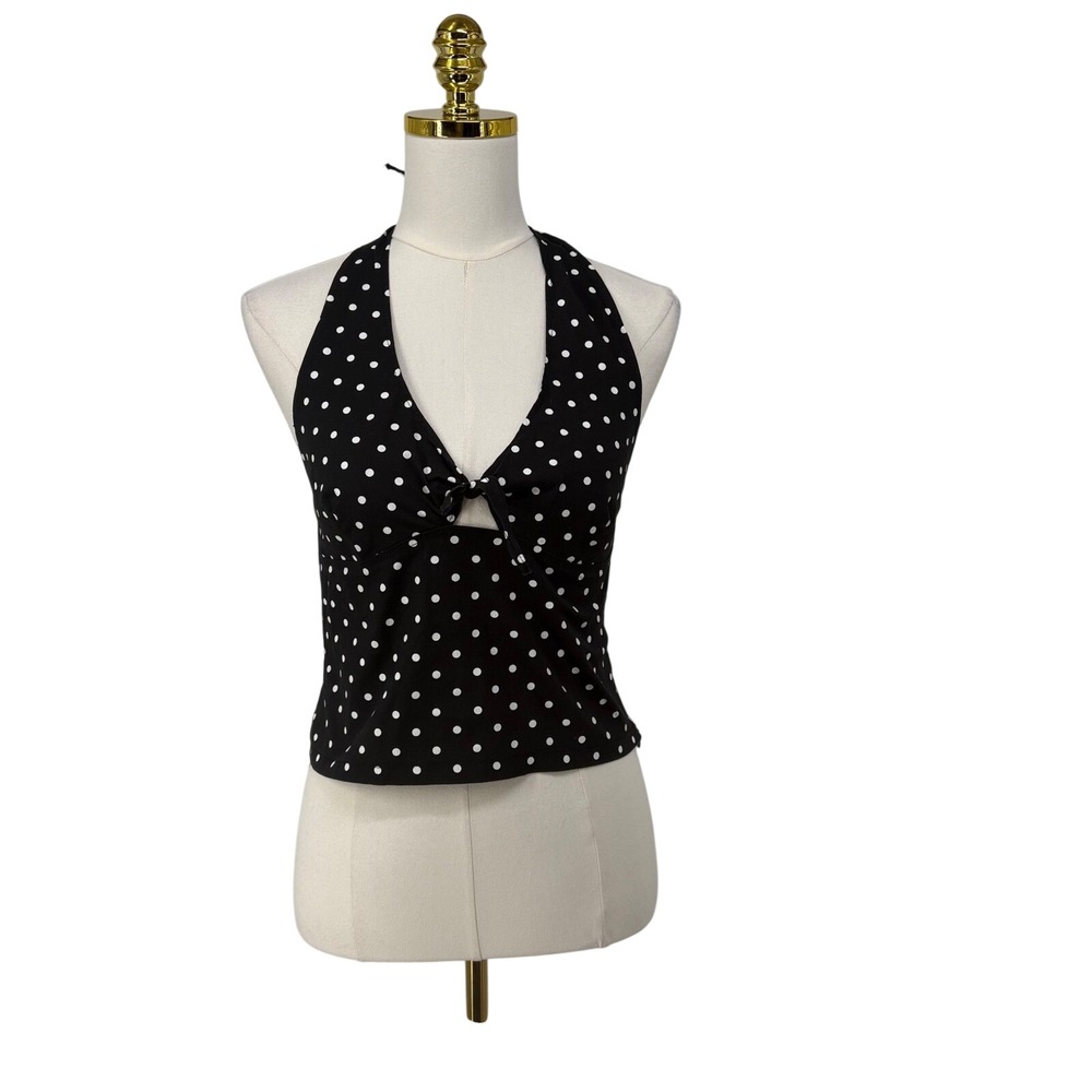 Y2K Star CCC Vintage Black Polka Dot Tie Front Halter Top M Made in USA Retro